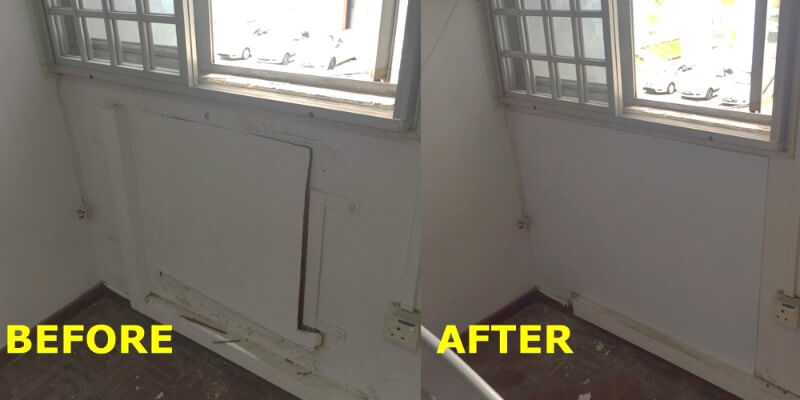 Before and after aircon removal on aircon hole