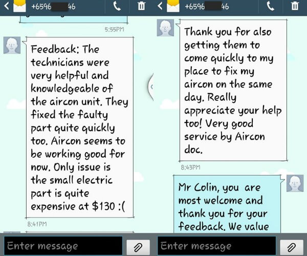 Customer feedback on aircon repair service