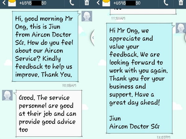 Woodlands customer feedback on our aircon servicing