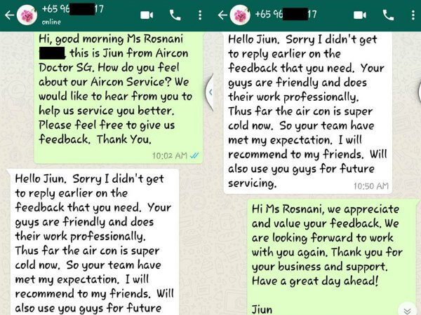 Tampines customer feedback on our aircon servicing